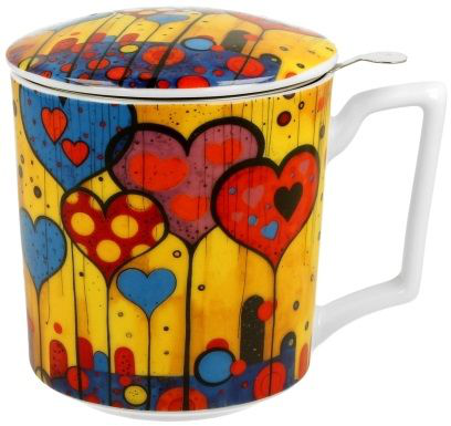 Kubek porcelanowy Modern Hearts z pokrywką i nowoczesnym, radosnym wzorem