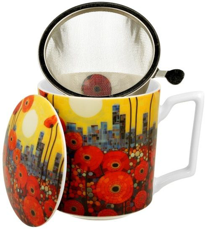 Kubek porcelanowy Modern Poppies z zaparzaczem i pokrywką, zdobiony intensywnym wzorem czerwonych maków na tle miasta.