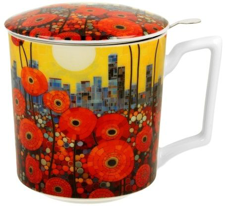 Kubek porcelanowy Modern Poppies z pokrywką, prezentujący kolorowy motyw maków i słońca.