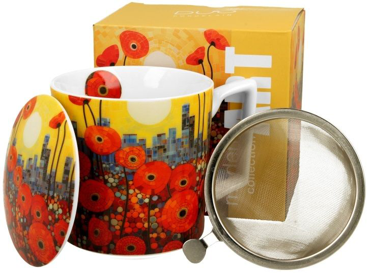 Zestaw Modern Poppies – kubek porcelanowy z zaparzaczem i pokrywką w towarzystwie ozdobnego pudełka.