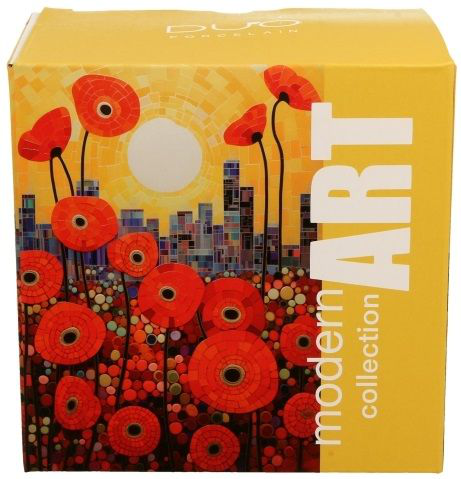 Żółte pudełko z kolekcji Modern Art, ozdobione grafiką czerwonych maków na tle miasta i zachodzącego słońca.