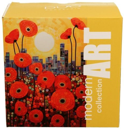 Żółte pudełko z kolekcji Modern Art, ozdobione grafiką czerwonych maków na tle miasta i zachodzącego słońca.