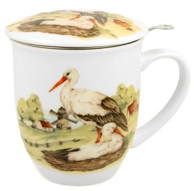 Kubek porcelanowy Bociany 400 ml z pokrywką, idealny na herbatę liściastą i prezent.