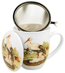 Kubek Bociany 400 ml z metalowym zaparzaczem i porcelanową pokrywką.