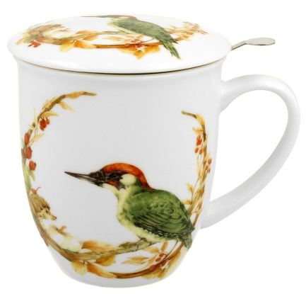 Kubek porcelanowy Ptasi Świat Dzięcioł Zielony 400 ml z pokrywką.