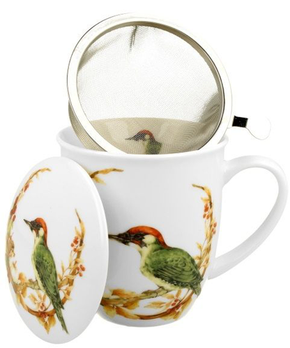 Kubek porcelanowy Ptasi Świat Dzięcioł Zielony z metalowym zaparzaczem.