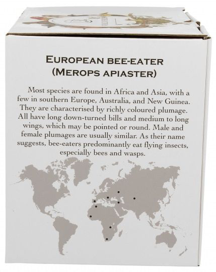 Bok pudełka z opisem gatunku European bee-eater i mapą występowania.