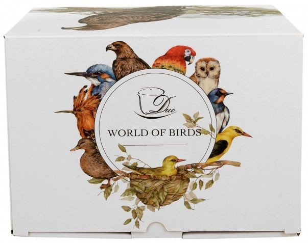 Przód pudełka kolekcji World of Birds z ilustracjami ptaków wokół logo.