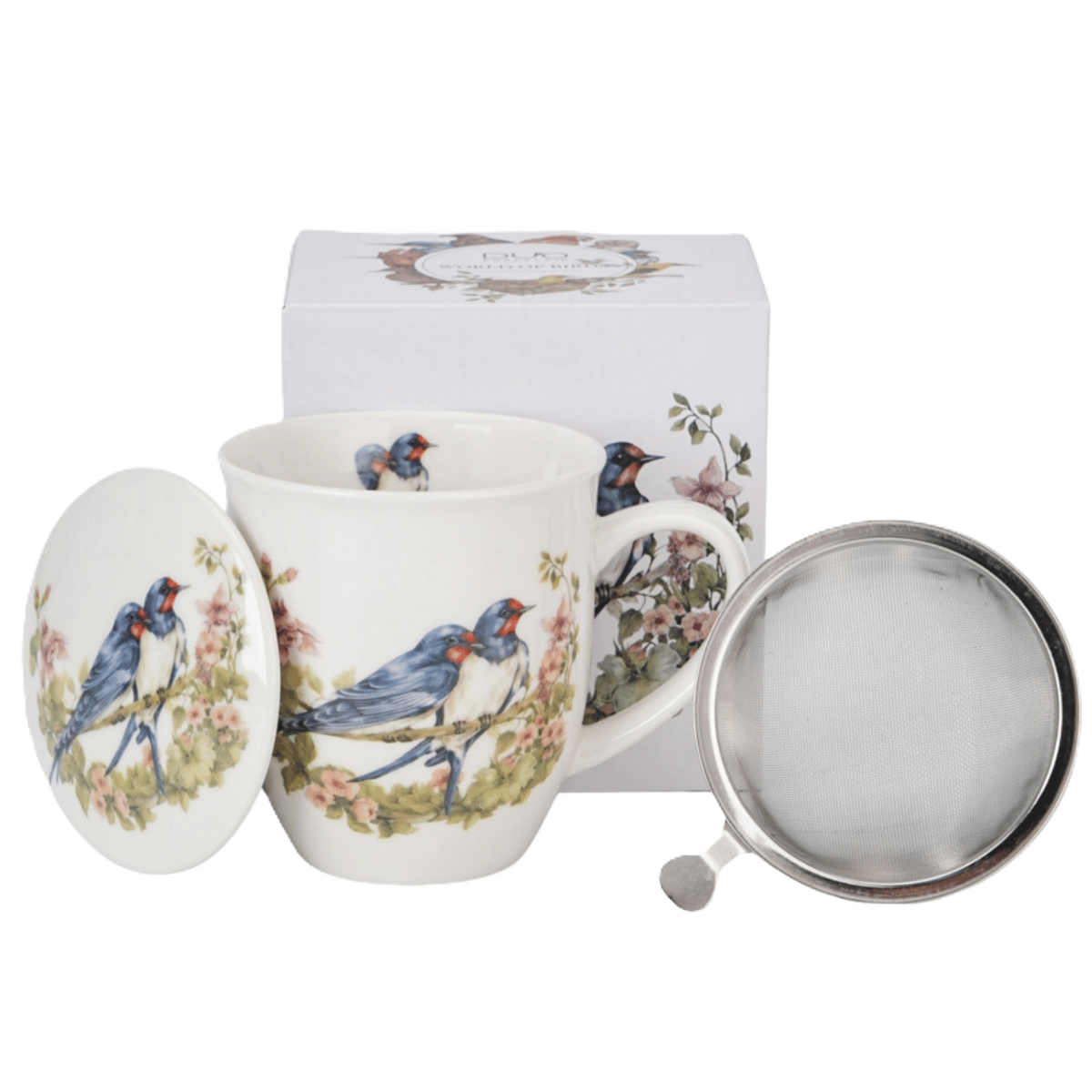 Kubek z zaparzaczem Duo Jaskółki 400 ml, porcelanowy zestaw z motywem jaskółek i kwiatów