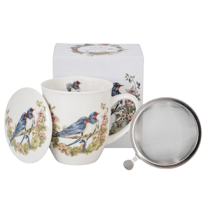 Kubek z zaparzaczem Duo Jaskółki 400 ml, porcelanowy zestaw z motywem jaskółek i kwiatów