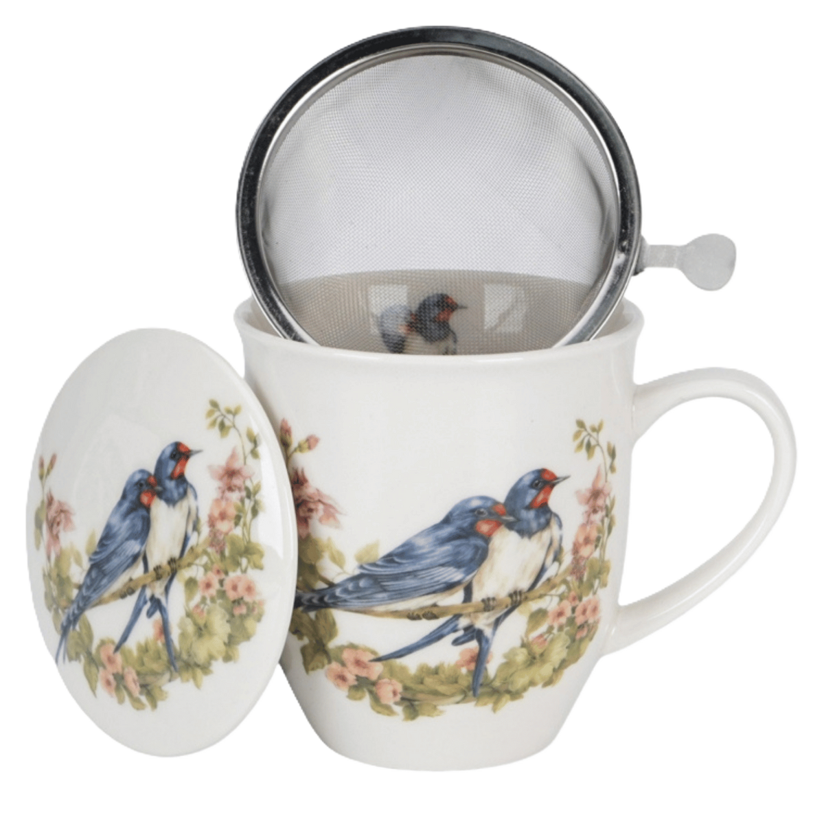 Kubek z zaparzaczem Jaskółki 400 ml z porcelany New Bone China, motyw jaskółek na gałązkach