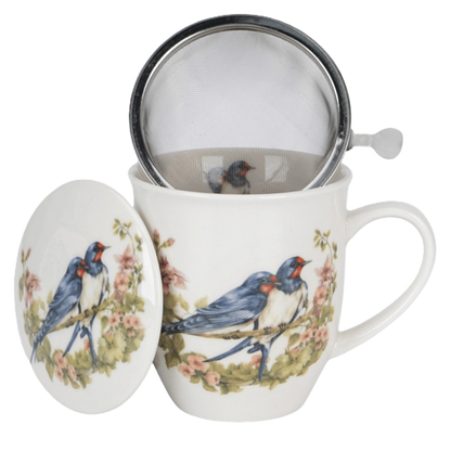 Kubek z zaparzaczem Jaskółki 400 ml z porcelany New Bone China, motyw jaskółek na gałązkach