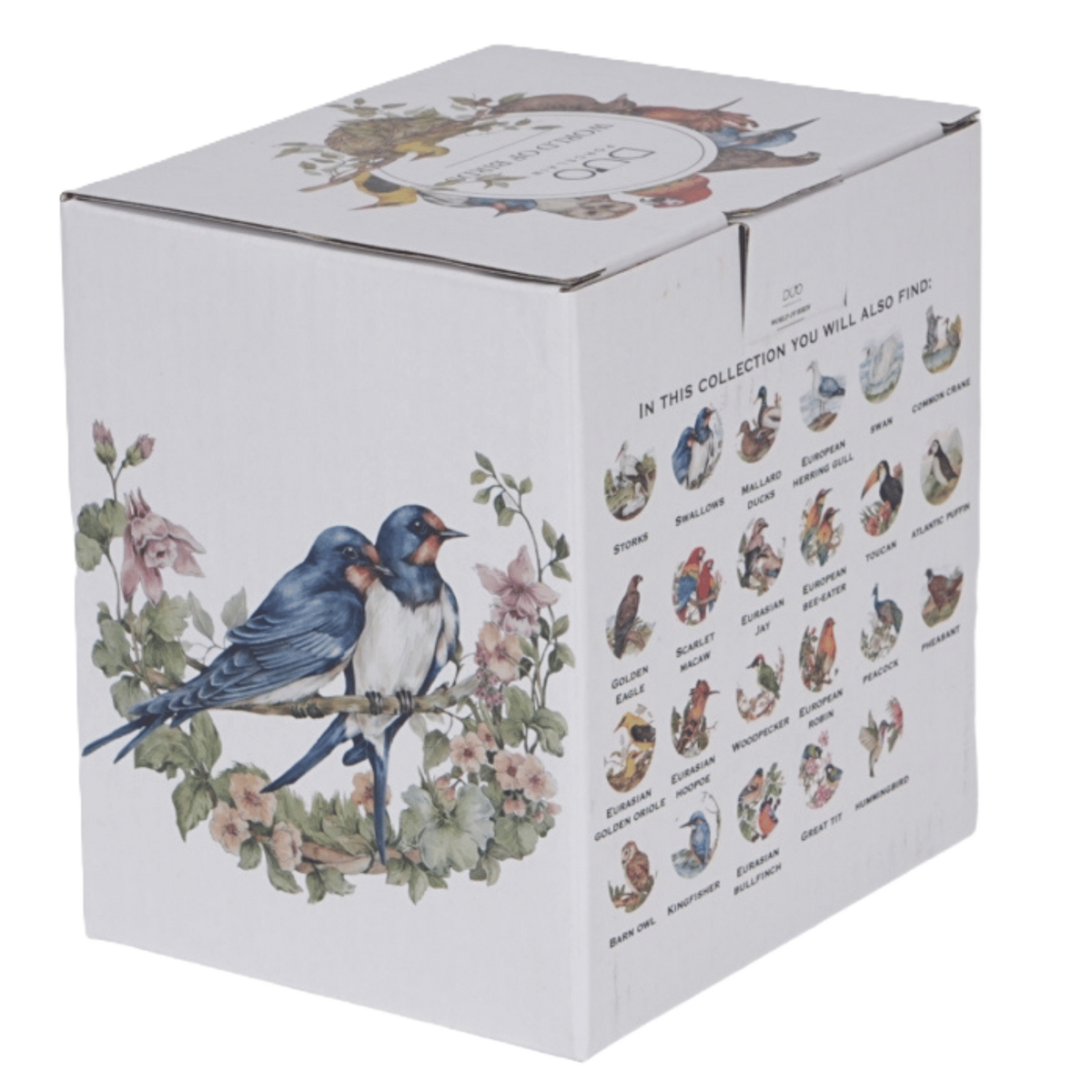 Porcelanowy kubek Jaskółki 400 ml z pokrywką i dekoracyjnym motywem ptaków