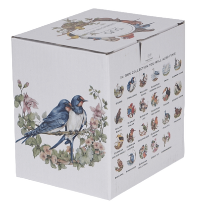 Porcelanowy kubek Jaskółki 400 ml z pokrywką i dekoracyjnym motywem ptaków