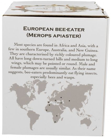 Bok opakowania z opisem gatunku European bee-eater i mapą występowania.