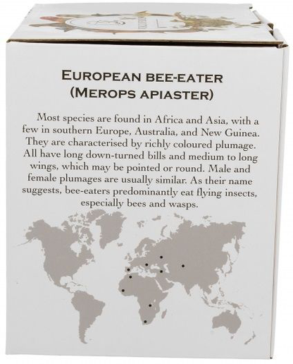 Bok opakowania z opisem gatunku European bee-eater i mapą występowania.