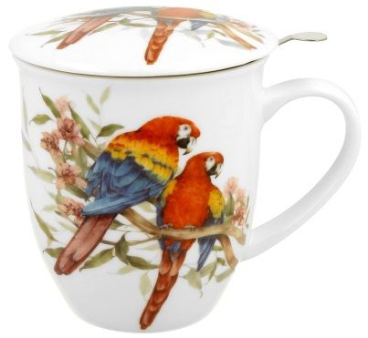 Porcelanowy kubek z pokrywką zdobiony motywem papug ara szkarłatnych.