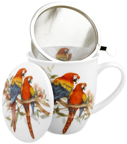 Kubek porcelanowy z zaparzaczem i pokrywką z motywem papug ara.