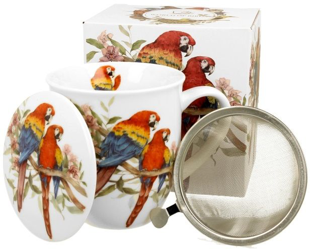 Zestaw kubek z zaparzaczem, pokrywką i pudełkiem ozdobionym papugami ara.