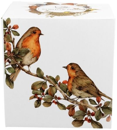 Grafika rudzików na gałęzi na pudełku od kubka porcelanowego.