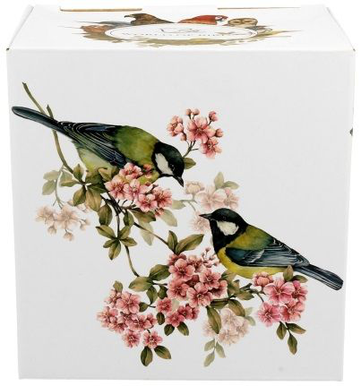 Ozdobne pudełko z kolekcji World of Birds z motywem dwóch sikorek na gałązkach kwitnącej wiśni.