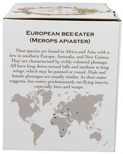 Bok pudełka do kubka porcelanowego Sowy Zwyczajne 400 ml z opisem gatunku ptaka.