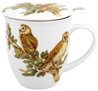 Kubek porcelanowy Sowy Zwyczajne 400 ml z pokrywką ozdobioną motywem ptaków.