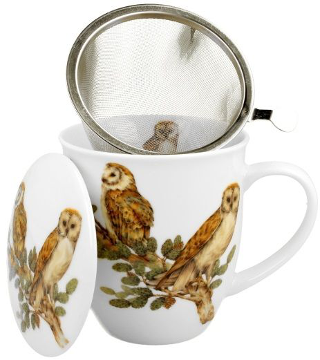 Kubek porcelanowy Sowy Zwyczajne 400 ml z metalowym zaparzaczem i pokrywką.