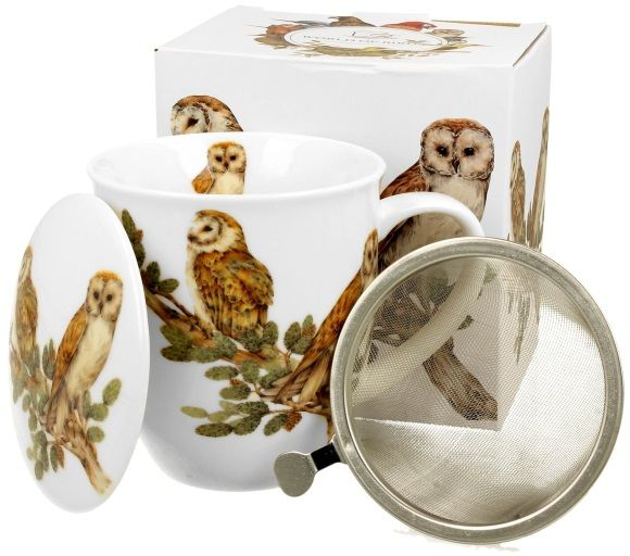 Zestaw kubek porcelanowy Sowy Zwyczajne 400 ml z zaparzaczem, pokrywką i pudełkiem prezentowym.