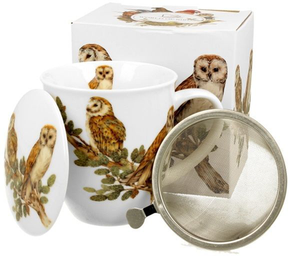 Zestaw kubek porcelanowy Sowy Zwyczajne 400 ml z zaparzaczem, pokrywką i pudełkiem prezentowym.