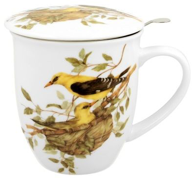 Kubek porcelanowy z pokrywką ozdobiony ilustracją wilg zwyczajnych na tle liści.