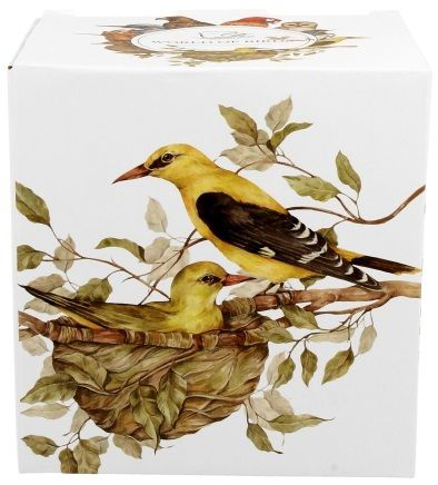 Pudełko z ilustracją dwóch wilg siedzących na gałęzi nad gniazdem.