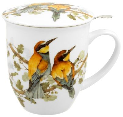 Biały kubek porcelanowy 400 ml z zaparzaczem i pokrywką, ozdobiony realistycznymi ilustracjami żołn na tle gałęzi.