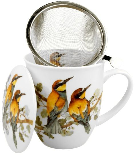 Kubek porcelanowy z zaparzaczem i pokrywką, przedstawiający kolorowe żołny, widok z góry na otwarte wieczko i sitko.