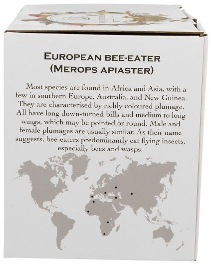 Bok pudełka z opisem European Bee-Eater, mapką występowania gatunku i informacjami o jego charakterystyce.