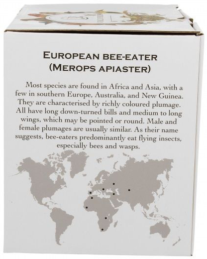 Bok pudełka z opisem European Bee-Eater, mapką występowania gatunku i informacjami o jego charakterystyce.