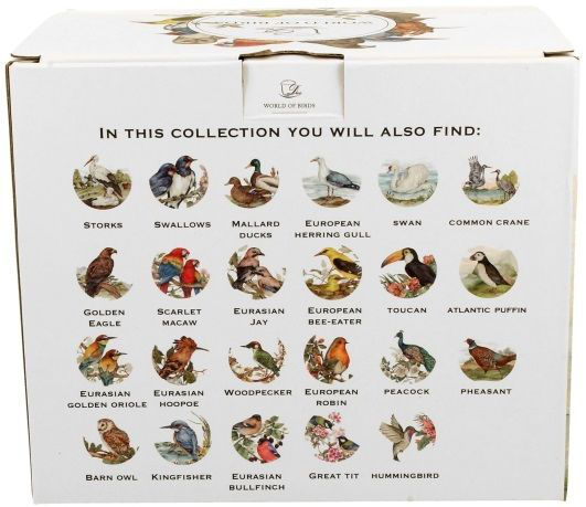 Ozdobne pudełko z kolekcji „World of Birds” przedstawiające różne gatunki ptaków, w tym bociany, żołny, łabędzie i pawie, do którego zapakowany jest kubek porcelanowy z zaparzaczem Żołny.