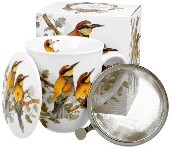 Zestaw prezentowy: kubek porcelanowy z zaparzaczem i pokrywką ozdobiony motywem żołn, zapakowany w ozdobne pudełko z kolekcji „World of Birds”.