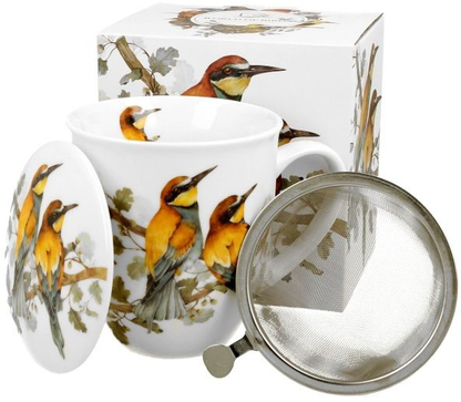 Zestaw prezentowy: kubek porcelanowy z zaparzaczem i pokrywką ozdobiony motywem żołn, zapakowany w ozdobne pudełko z kolekcji „World of Birds”.