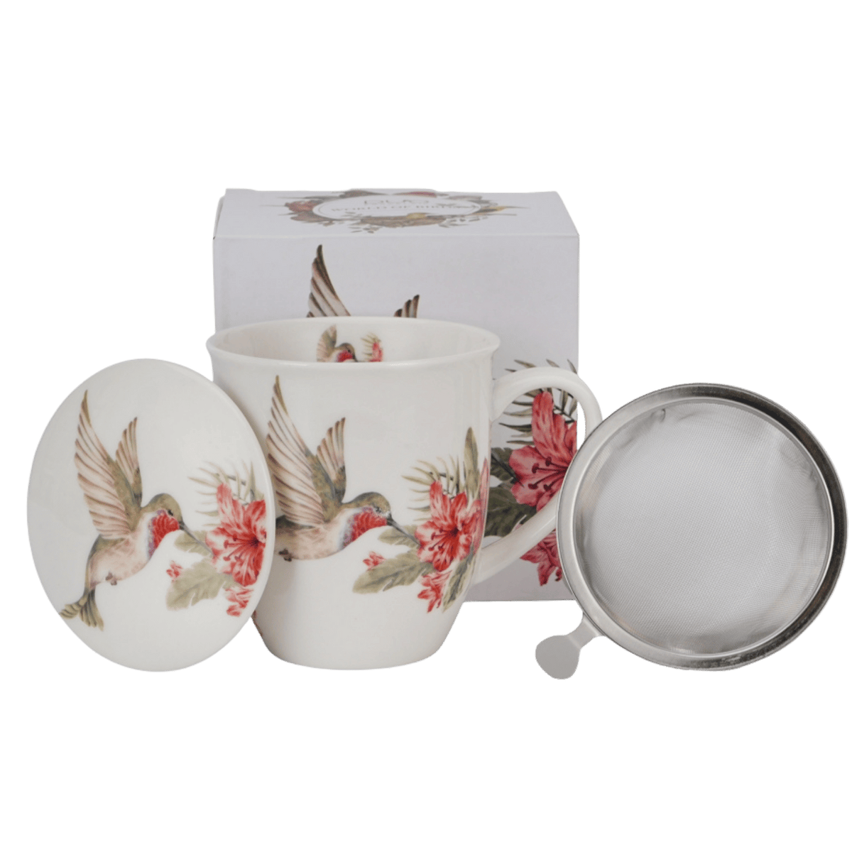 Kubek z zaparzaczem Duo Koliber 400 ml, porcelana z motywem ptaka i kwiatów