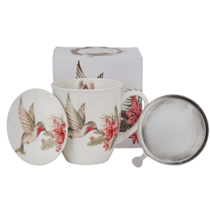 Kubek z zaparzaczem Duo Koliber 400 ml, porcelana z motywem ptaka i kwiatów