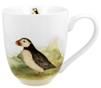 Porcelanowy kubek XXL z serii World of Birds, ozdobiony grafiką maskonura, z wygodnym uchem i dużą pojemnością 1000 ml.