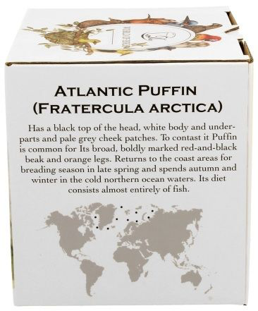 Boczna strona pudełka z opisem maskonura (Atlantic Puffin) i mapą występowania.