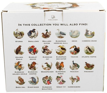 Ozdobne pudełko z kolekcji World of Birds z wizerunkiem różnych gatunków ptaków, w którym zapakowany jest porcelanowy kubek Maskonur.
