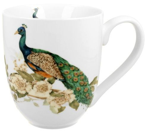 Porcelanowy kubek XXL z motywem pawia wśród białych kwiatów.