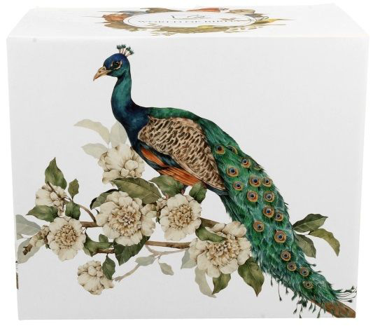 Pudełko z ilustracją pawia siedzącego na gałęzi kwitnącego drzewa.