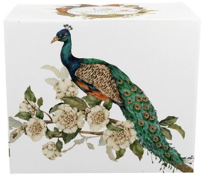 Pudełko z ilustracją pawia siedzącego na gałęzi kwitnącego drzewa.