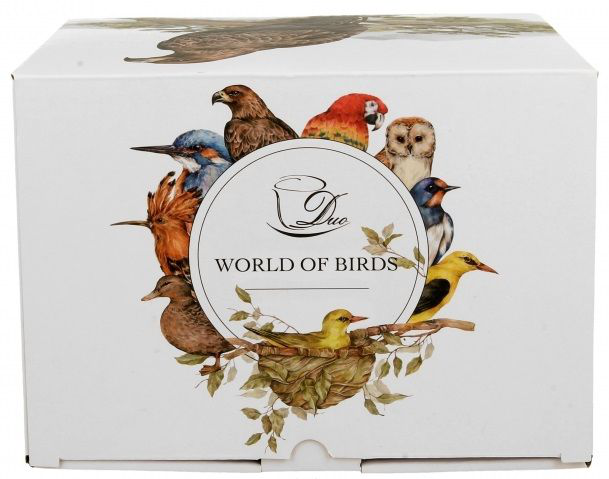 Pudełko z kolekcji World of Birds z ilustracjami egzotycznych ptaków.