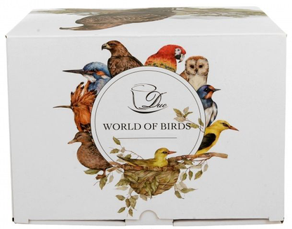Pudełko z kolekcji World of Birds z ilustracjami egzotycznych ptaków.