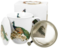 Kubek porcelanowy z zaparzaczem i pudełkiem z serii World of Birds z motywem pawia.